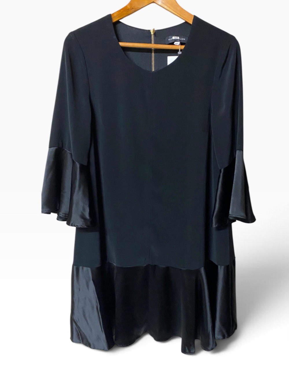 Slate & Willow Beautiful Black Satin-Trim Bell-Sleeve Dress Sz. 10